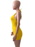 Women Summer Yellow Sexy Halter Sleeveless Solid Hollow Out Mini Bodycon Dress