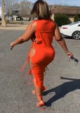 Women Summer Orange Sexy O-Neck Sleeveless Solid Lace Up Maxi Straight Plus Size Long Dress