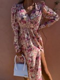 Women Summer Printed Casual V-neck Full Sleeves Floral Print Ripped Midi Loose Shirt Dress