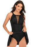 Women Black Halter V-Neck Solid Pleated One Piece Swimsuit