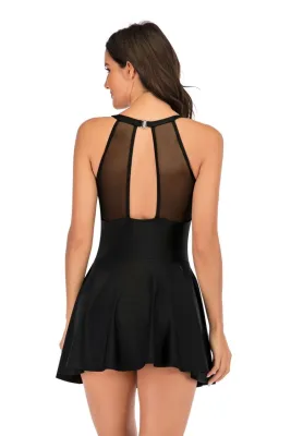 Women Black Halter V-Neck Solid Pleated One Piece Swimsuit