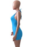 Women Summer Blue Sexy Halter Sleeveless Solid Hollow Out Mini Bodycon Dress