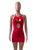 Women Summer Red Sexy Halter Sleeveless Solid Hollow Out Mini Bodycon Dress