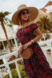 Women Summer Red Casual Off-the-shoulder Short Sleeves Floral Print Loose Midi Dress