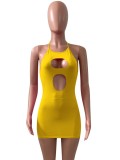 Women Summer Yellow Sexy Halter Sleeveless Solid Hollow Out Mini Bodycon Dress