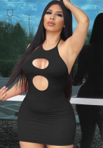 Women Summer Black Sexy Halter Sleeveless Solid Hollow Out Mini Bodycon Dress