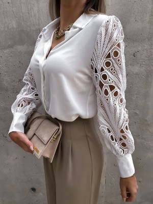 Women Autumn White Modest Turn-down Collar Full Sleeves Patchwork Lace Hollow Out Regular Blouse
