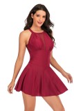 Women Red Halter V-Neck Solid Pleated One Piece Swimsuit