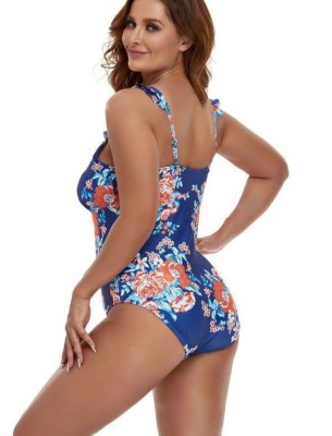 Women Blue One-Piece V-Neck Floral Print Cascading Ruffle Plus Size One Piece Swimwear