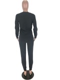Women Autumn Black Casual O-Neck Full Sleeves High Waist Striped Print Zippers Regular Two Piece Pants Set