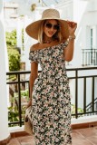 Women Summer Printed Casual Off-the-shoulder Short Sleeves Floral Print A-line Midi Dress