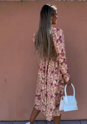 Women Summer Printed Casual V-neck Full Sleeves Floral Print Ripped Midi Loose Shirt Dress