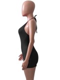 Women Summer Black Sexy Halter Sleeveless Solid Hollow Out Mini Bodycon Dress