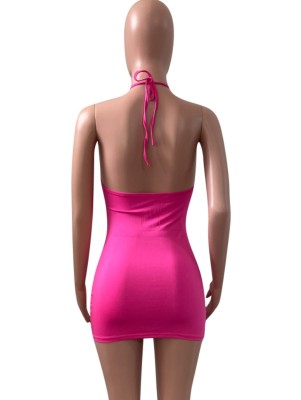 Women Summer Rose Sexy Halter Sleeveless Solid Hollow Out Mini Bodycon Dress