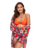 Women Orange Cover-Up Strap Floral Print Cover-Up Swimwear Set