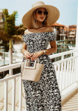 Women Summer Black and white Casual Off-the-shoulder Short Sleeves Floral Print A-line Midi Dress