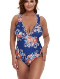 Women Blue One-Piece V-Neck Floral Print Cascading Ruffle Plus Size One Piece Swimwear