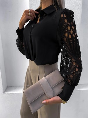 Women Autumn Black Modest Turn-down Collar Full Sleeves Patchwork Lace Hollow Out Regular Blouse