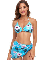 Women Blue Bikini Strap Floral Print Lace Up Three Piece Swimwear