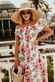 Women Summer Printed Casual Off-the-shoulder Short Sleeves Floral Print Loose Midi Dress