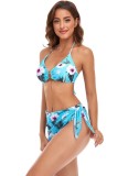 Women Blue Bikini Strap Floral Print Lace Up Three Piece Swimwear