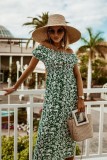 Women Summer Green Casual Off-the-shoulder Short Sleeves Floral Print Loose Midi Dress