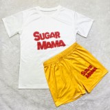 Women Summer Yellow Casual O-Neck Short Sleeves High Waist Letter Print Regular Two Piece Shorts Set