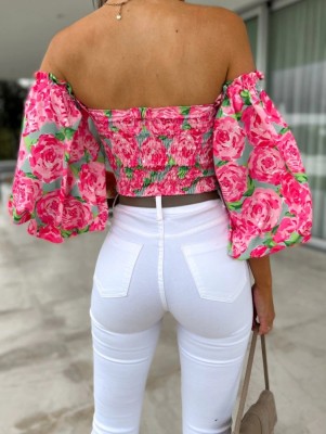 Women Summer Green Modest Off-the-shoulder Half Sleeves Floral Print Cascading Ruffle Regular Shirt