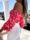 Women Summer Pink Modest Off-the-shoulder Lantern Sleeve Floral Print Cascading Ruffle Regular Shirt