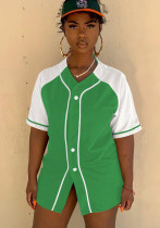 Women Summer Green O-Neck Short Sleeves High Waist Color Blocking Button Regular Short Sweatsuit