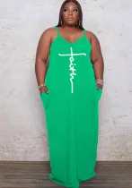 Women Summer Green Casual Strap Sleeveless Letter Print Pockets Maxi Loose Plus Size Long Dress