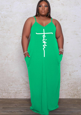 Women Summer Green Casual Strap Sleeveless Letter Print Pockets Maxi Loose Plus Size Long Dress
