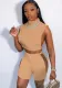 Women Summer Khaki Sexy Turtleneck Sleeveless High Waist Solid Hollow Out Regular Two Piece Shorts Set