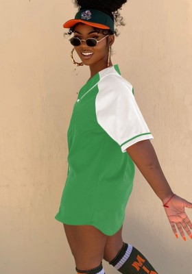 Women Summer Green O-Neck Short Sleeves High Waist Color Blocking Button Regular Short Sweatsuit