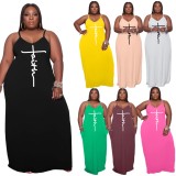Women Summer Black Casual Strap Sleeveless Letter Print Pockets Maxi Loose Plus Size Long Dress