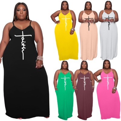 Women Summer White Casual Strap Sleeveless Letter Print Pockets Maxi Loose Plus Size Long Dress