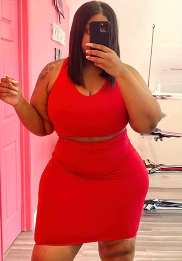 Women Summer Red Casual Strap Sleeveless High Waist Solid Regular Plus Size Two Piece Skirt Set