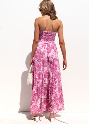 Women Summer Pink Modest Strapless Sleeveless Floral Print Belted Maxi Dress