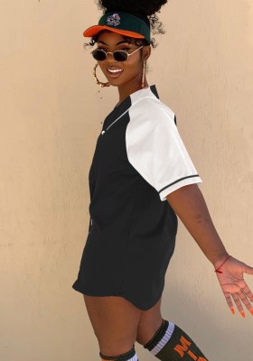 Women Summer Black O-Neck Short Sleeves High Waist Color Blocking Button Regular Short Sweatsuit
