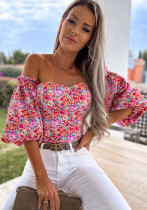 Women Summer Printed Modest Off-the-shoulder Short Sleeves Floral Print Regular Shirt