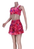 Women Summer Pink Cute Strap Sleeveless High Waist Floral Print Cascading Ruffle Regular Two Piece Shorts Set
