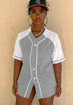 Women Summer Grey O-Neck Short Sleeves High Waist Color Blocking Button Regular Short Sweatsuit