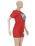 Women Summer Red Casual O-Neck Short Sleeves High Waist Letter Print Regular Two Piece Shorts Set