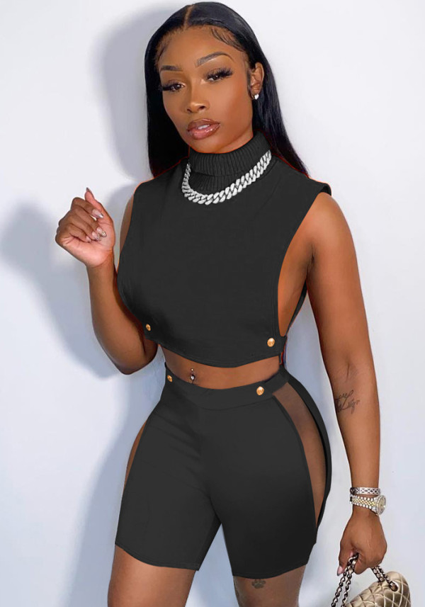 Women Summer Black Sexy Turtleneck Sleeveless High Waist Solid Hollow Out Regular Two Piece Shorts Set