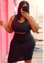 Women Summer Black Casual Strap Sleeveless High Waist Solid Regular Plus Size Two Piece Skirt Set