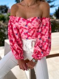 Women Summer Pink Modest Off-the-shoulder Lantern Sleeve Floral Print Cascading Ruffle Regular Shirt