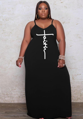 Women Summer Black Casual Strap Sleeveless Letter Print Pockets Maxi Loose Plus Size Long Dress