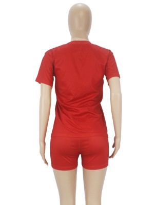 Women Summer Red Casual O-Neck Short Sleeves High Waist Letter Print Regular Two Piece Shorts Set