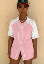 Women Summer Pink O-Neck Short Sleeves High Waist Color Blocking Button Regular Short Sweatsuit