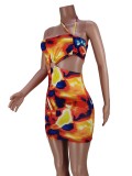Women Summer Orange Sexy Slash Neck Sleeveless Printed Hollow Out Mini Straight Club Dress
